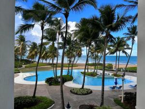 a view from the balcony of a resort with palm trees at Beachfront Luxury 2 Bedroom at Wyndham Rio Mar, PR in Luquillo