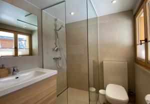 een badkamer met een douche, een toilet en een wastafel bij Bénélux I in Verbier
