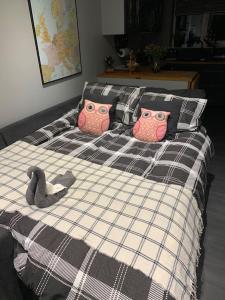ein Bett mit zwei Eulenkissen drauf in der Unterkunft Kinterbury Annexe in Plymouth