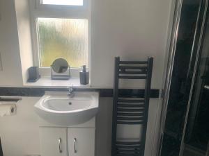 uma casa de banho com um lavatório, uma janela e um chuveiro em Kinterbury Annexe em Plymouth