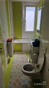 a small bathroom with a toilet and a window at Apartman Cowabunga in Sarajevo