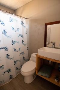 a bathroom with a toilet and a sink and a shower curtain at Kinesurf cabaña con vista al mar in Pichilemu +5 photos