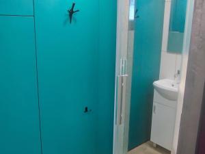 a bathroom with a blue door and a sink at Tiny House Montenegro in Petrovac na Moru
