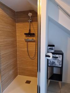 y baño con ducha y paredes de madera. en Gîte Chez Marie T 6 personnes, en La Boussac