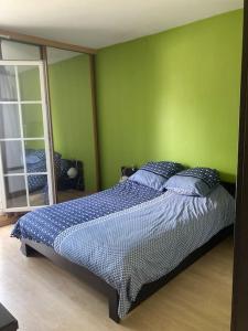a bedroom with a bed and a green wall at Jolie petite maison avec jardin ! in La Queue-en-Brie