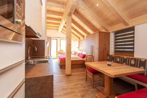 cocina y sala de estar con techo de madera en Apartment Gailtalblick, en Oberdrauburg