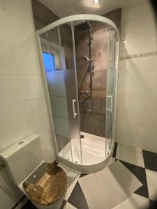 een badkamer met een glazen douche en een toilet bij Appartement Lefferts in Zandvoort