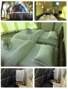 un collage de 3 fotos de un dormitorio con 2 camas en LemonGrass Hill by Triospyr, en Thodupuzha