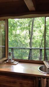 une fenêtre de cuisine avec vue sur les bois dans l'établissement La Batelière sur Loire, à La Chapelle-aux-Naux