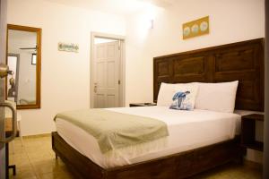 ein Schlafzimmer mit einem großen Bett und einem Spiegel in der Unterkunft Hostal Marina Samana in Santa Bárbara de Samaná