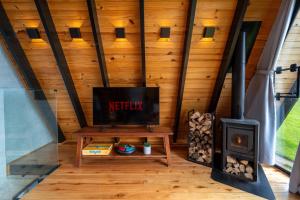 ein Wohnzimmer mit einem TV und einem Holzofen in der Unterkunft A Cabana mais aconchegante da Serra Catarinense in Urubici