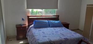 een slaapkamer met een bed met een blauw kussen en een raam bij casa hostal rochymar in Juan de Acosta