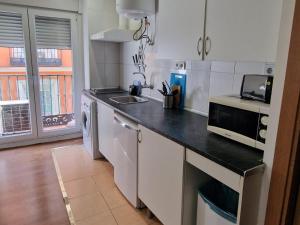 a kitchen with a counter with a microwave and a sink at Apartamentos EconoStay Barbieri 1 in Madrid