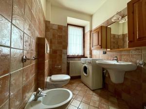 bagno con lavandino e servizi igienici e lavatrice. di Casa Mezzavalle a Pelugo