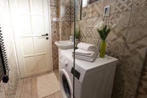 a bathroom with a washing machine and a toilet at Malomvölgyi Vendégház in Balatonalmádi