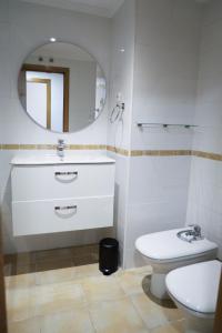 een badkamer met een wastafel, een toilet en een spiegel bij 33 Pasos Catedral 3 in León +11 foto's