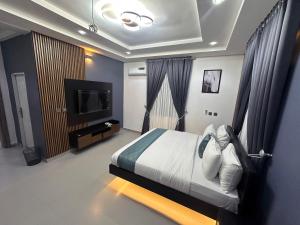 a bedroom with a bed and a flat screen tv at 99 MOZILLA APARTMENTS AND SUITES in Abuja