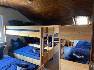 two bunk beds with blue pillows in a room at Naturfreundehaus Grosser Wald in Gaggenau