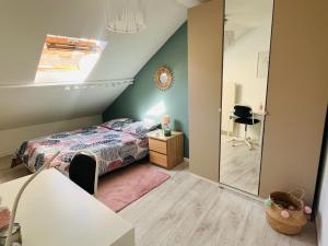 Schlafzimmer mit einem Bett und einem Spiegel in der Unterkunft Charmante maison de ville au cœur de Fismes in Fismes