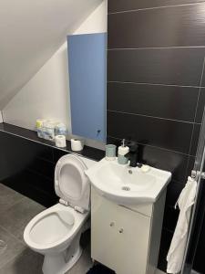 La salle de bains est pourvue de toilettes blanches et d'un lavabo. dans l'établissement Wola Studio Flat near Progresia, à Varsovie