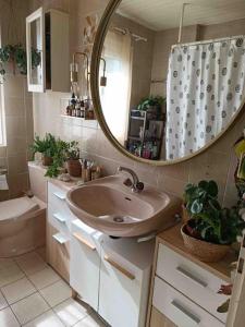 a bathroom with a sink and a mirror at Luxueuse oasis écologique à proximité du lac in Preverenges