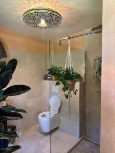 uma casa de banho com um WC e um chuveiro com plantas em Luxueuse oasis écologique à proximité du lac em Preverenges