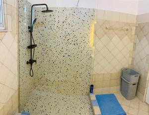 a shower in a bathroom with a glass shower curtain at Vila Feimi in Ksamil