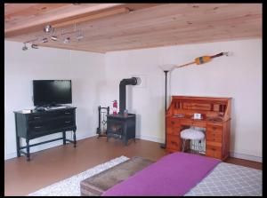 1 dormitorio con TV, vestidor y cama en Guest Space on the Portland Peninsula, en Portland