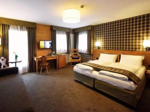 - une chambre avec un lit et un bureau dans l'établissement Hotel Orso Grigio, à Pescul