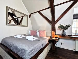 a bedroom with a bed with a mirror on the wall at BohnApartments Steigerwald - Natur in der Stadt - Vollausstattung - WLAN - gratis Parkplätze in Erfurt