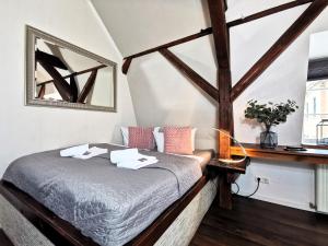 a bedroom with a bed with a mirror on the wall at BohnApartments Steigerwald - Natur in der Stadt - Vollausstattung - WLAN - Parkplätze in Erfurt