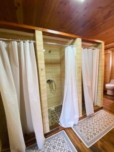 a bathroom with a shower with a shower curtain at Hostal Treile in Pucón