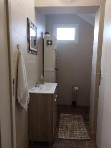 een kleine badkamer met een wastafel en een koelkast bij Quinta do Sossego-Giestas in Ribeira Grande