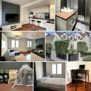 een collage van foto's van een keuken en een woonkamer bij L'ATHOS - Appartement équipé - Entre Paris et Versailles - Haut débit in Garches