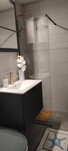 a bathroom with a sink and a shower at SUNNY APARTMENT OSIJEK, self check in in Osijek
