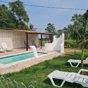 a pool with a slide and two lawn chairs at Haasienda - Nido del Loro - Casa de Arbol 