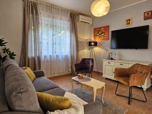 a living room with a couch and a tv at Holiday Home Istra with JACUZZI in Medulin