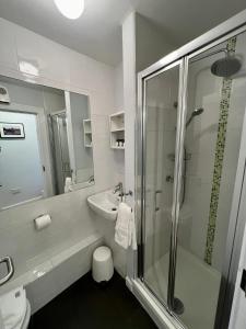 ein Bad mit einer Dusche, einem Waschbecken und einem WC in der Unterkunft Temple Bar District Apartments in Dublin