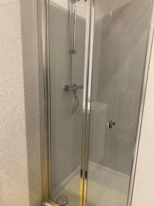a shower with a glass door in a bathroom at Monarchs View Farmstay in Michelmersh