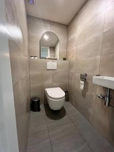 a small bathroom with a toilet and a mirror at Boshuisje Durbuy Nr6 in Durbuy