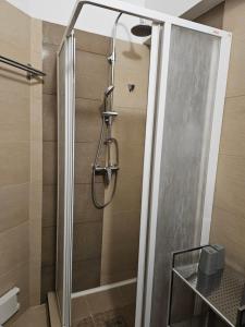 a shower with a glass door in a bathroom at DanubeScree cozy Apartment in Budapest