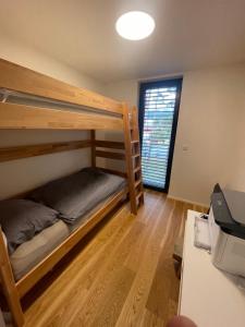 a bedroom with bunk beds and a desk with a printer at Lipno A1 in Lipno nad Vltavou