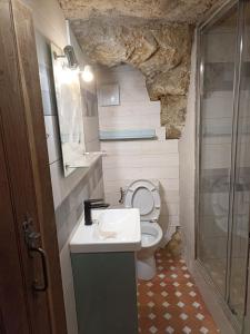 La petite salle de bains est pourvue de toilettes et d'un lavabo. dans l'établissement Gîte Le Bourgneuf, à Fresnay-sur-Sarthe