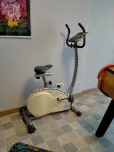 uma máquina de exercício sentada no chão numa sala em Maison de ville avec jardin-Rêve à Rixheim! em Rixheim