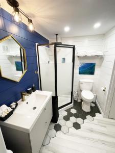 a bathroom with a white sink and a toilet at Port Wade Glamping Domes in Victoria Beach 