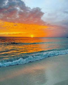 - un coucher de soleil sur une plage donnant sur l'océan dans l'établissement Casa Mano Juan, à Mano Juan