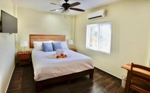 a bedroom with a bed with a fan and a window at MeMe's Place in Placencia Village