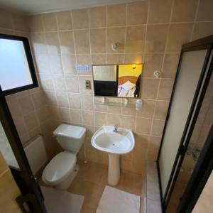 a bathroom with a toilet and a sink at Hotel Yagan Porvenir in Porvenir