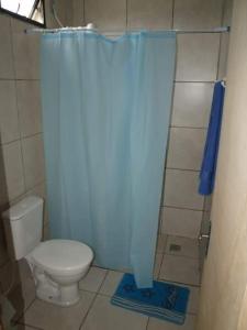 a bathroom with a toilet and a blue shower curtain at Vila Harmonia in Conde