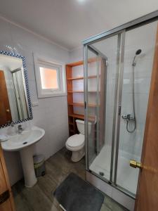 a bathroom with a shower and a toilet and a sink at Casa familiar in Cochrane